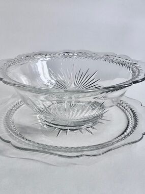 Jeannette Glass Co. "Sunburst" Clear Depression Glass Bowl & Serving Plate